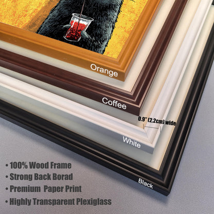 Stacked close-up view of four frame corners with labels for color: Orange, Coffee, White, and Black. The frame width is noted as 0.9 inches (2.2 cm). Bullet points list features: 100% Wood Frame, Strong Back Board, Premium Paper Print, and Highly Transparent Plexiglass.