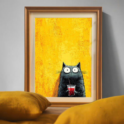 Close-up of the framed black cat print in an Orange/light-brown wooden frame, resting on a surface with yellow pillows in the foreground.