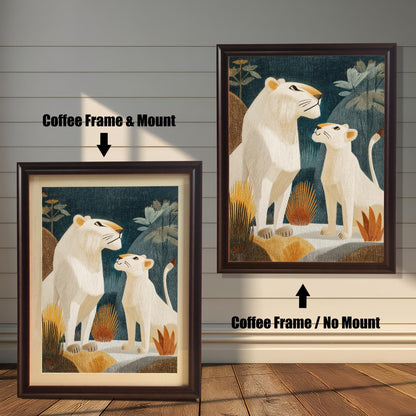 Two versions of the framed lion print against a distressed white wood background: one on the left in a Coffee Frame & Mount (with a light-colored border), and one on the right in a Coffee Frame / No Mount (without a border).