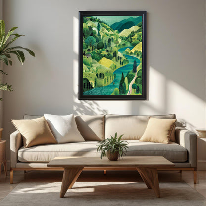 A framed illustration of a lush, rolling green landscape with a winding turquoise river, hanging above a neutral-colored sofa and wooden coffee table in a sunlit living room. The frame is Black.