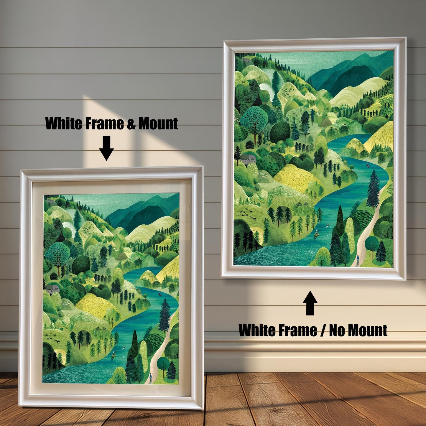 Two versions of the framed landscape print against a distressed white wood background: one on the left in a White Frame & Mount (with a light-colored border), and one on the right in a White Frame / No Mount (without a border).