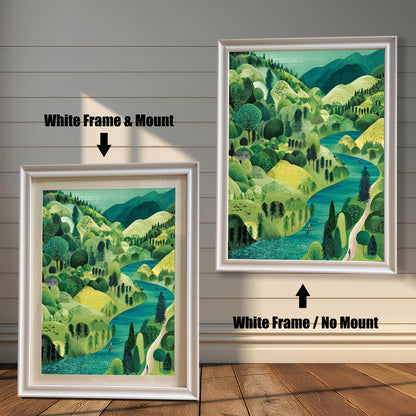 Two versions of the framed landscape print against a distressed white wood background: one on the left in a White Frame & Mount (with a light-colored border), and one on the right in a White Frame / No Mount (without a border).