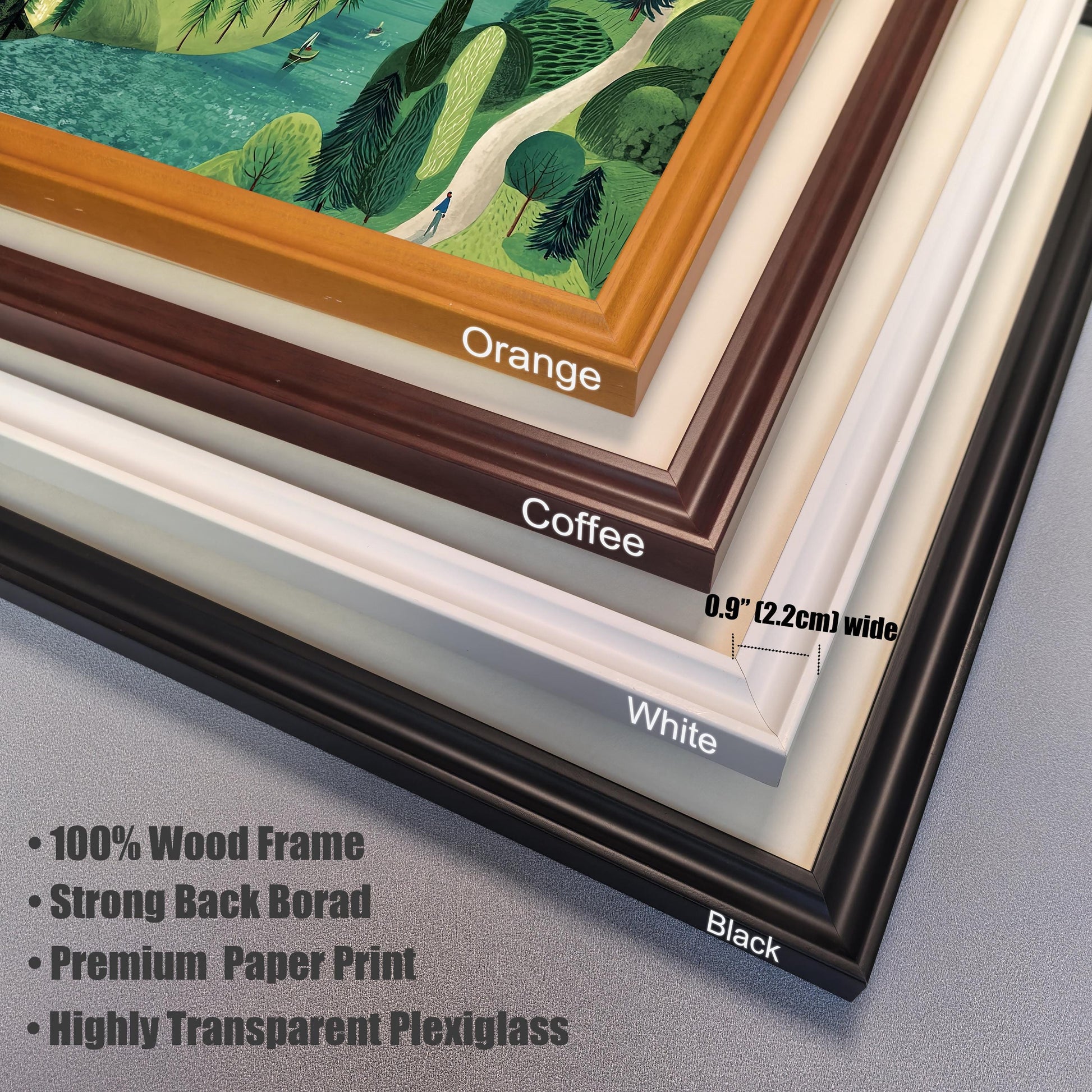 A close-up showing corner samples of four frame color options for the art: Orange, Coffee (dark brown), White, and Black. Text notes the frame is 0.9" (2.2cm) wide and details include 100% Wood Frame, Strong Back Board, Premium Paper Print, and Highly Transparent Plexiglass.