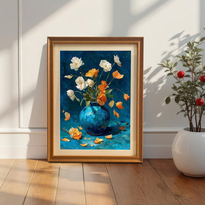 The framed floral oil painting in an Orange/Gold-colored frame with a mount, leaning on a wooden floor against a white wainscoted wall, next to a small potted plant with red berries.