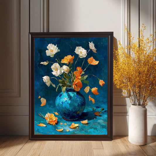 The framed floral oil painting in a dark brown (Coffee) frame, leaning on a wooden floor against a white wainscoted wall, positioned next to a tall white vase holding a large bouquet of yellow dried flowers.
