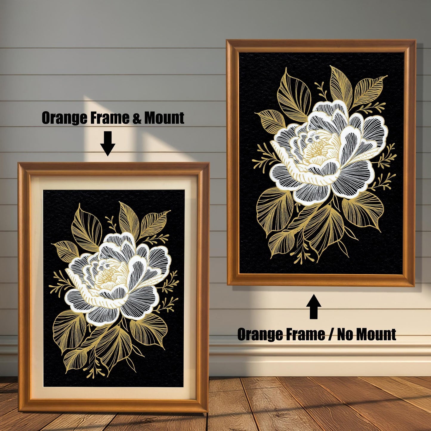 Two versions of the framed floral print against a distressed white wood background: one on the left in an Orange Frame & Mount (with a light-colored border), and one on the right in an Orange Frame / No Mount (without a border).