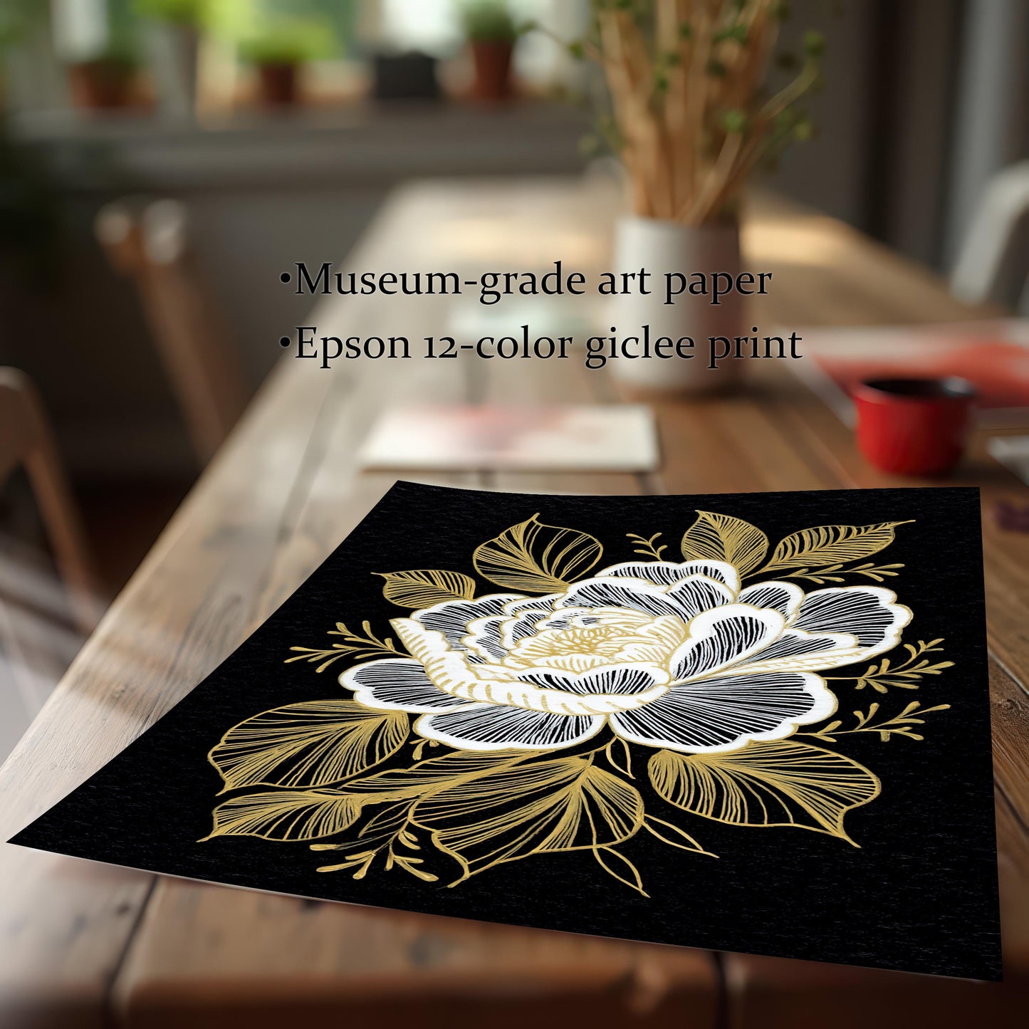 The floral print lying unframed on a wooden table. Text highlights the print quality: "Museum-grade art paper" and "Epson 12-color giclee print."