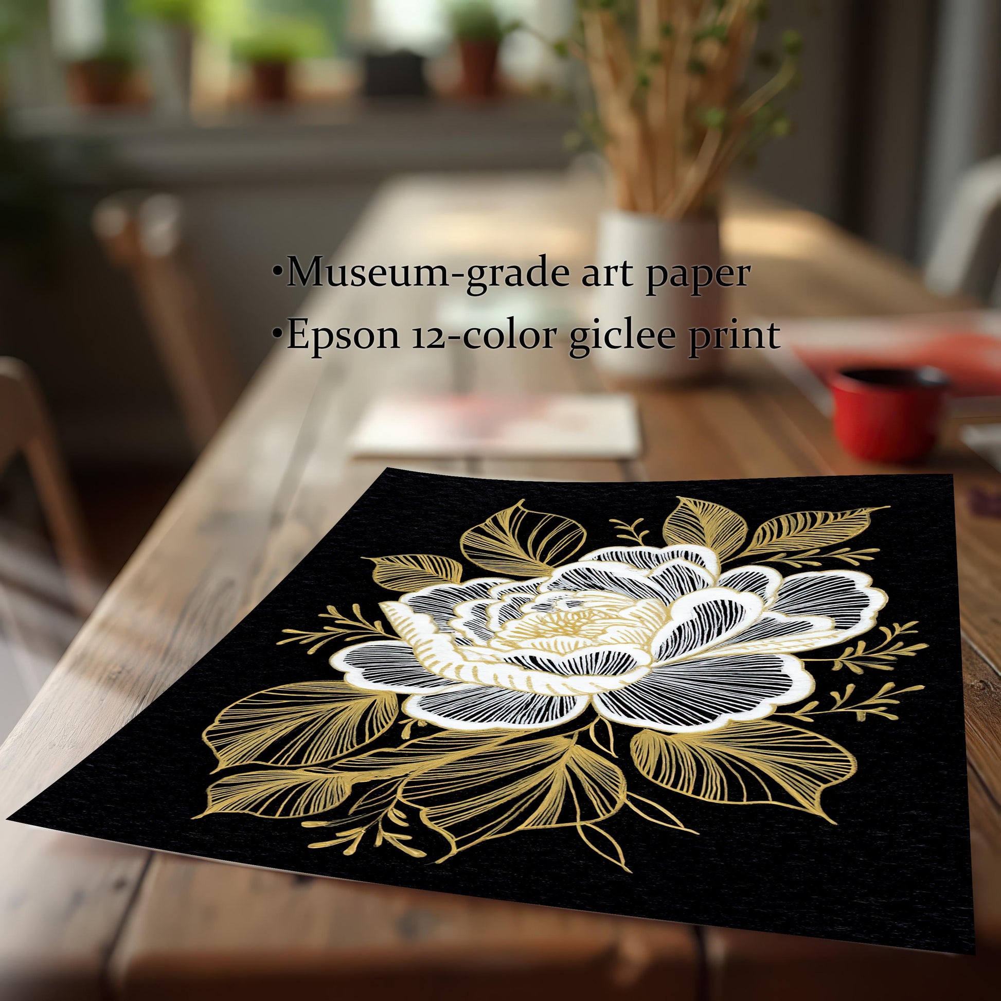 The floral print lying unframed on a wooden table. Text highlights the print quality: "Museum-grade art paper" and "Epson 12-color giclee print."