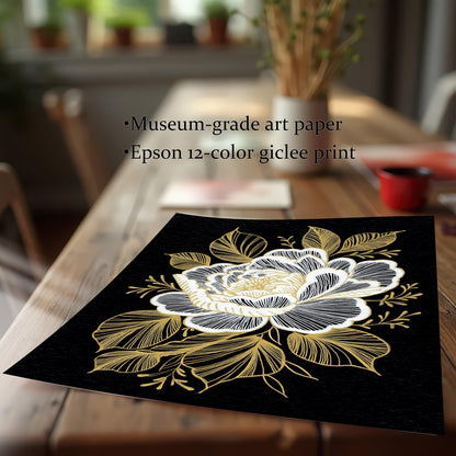 The floral print lying unframed on a wooden table. Text highlights the print quality: "Museum-grade art paper" and "Epson 12-color giclee print."