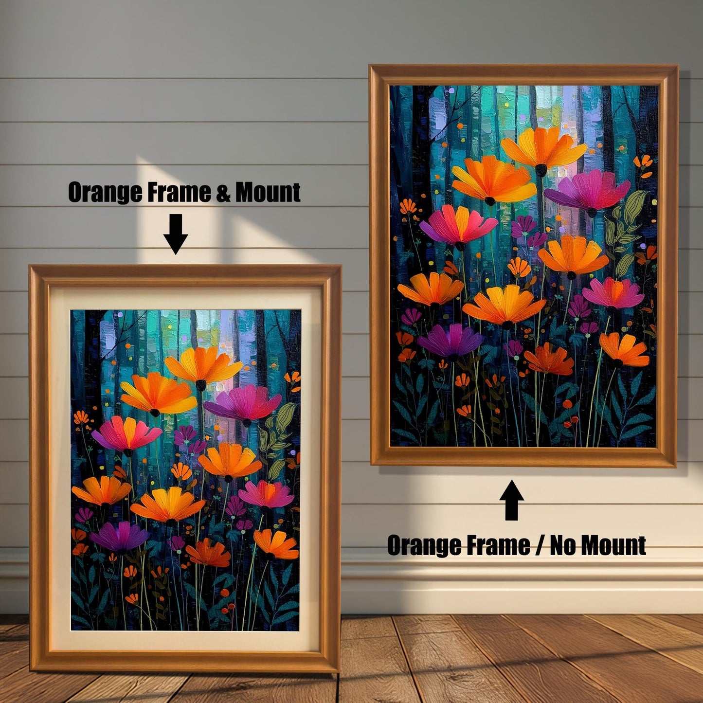 A vibrant, stylized painting of orange and magenta flowers against a dark blue and turquoise forest background, shown in an Orange wood frame. The smaller image (left) includes a mount (mat), and the larger image (right) is framed without a mount.