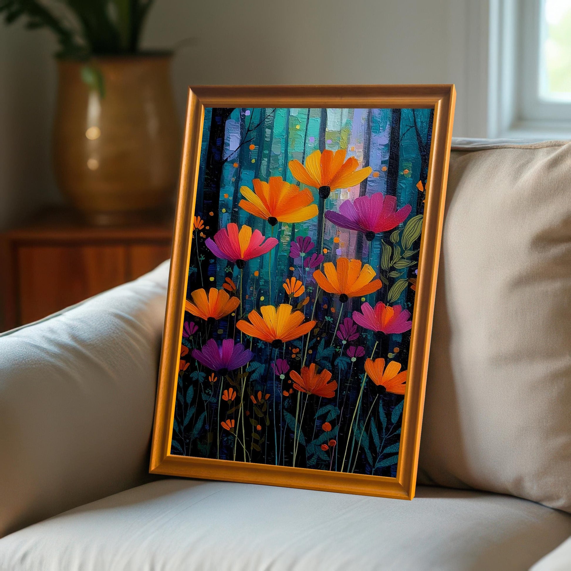 The vibrant painting of orange and magenta flowers, framed in an Orange wood frame, leaning on the arm of a light beige couch.