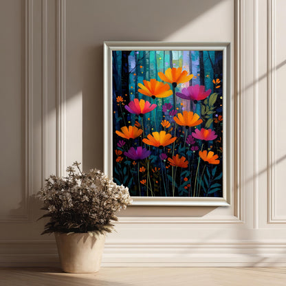 The vibrant painting of orange and magenta flowers, framed in a decorative white frame (no mount), leaning on a light hardwood floor against a white paneled wall. A dried floral arrangement in a pot is in the foreground.