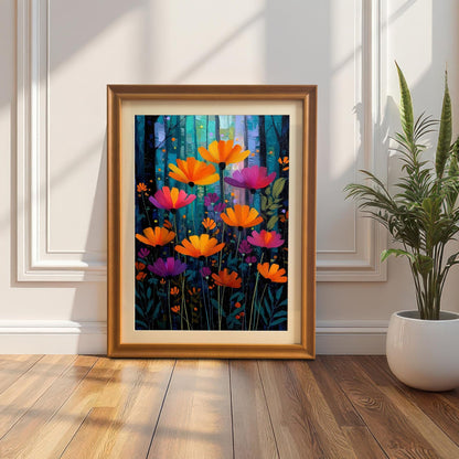 The vibrant painting of orange and magenta flowers, framed in an Orange wood frame with a mount, leaning on a hardwood floor against a white paneled wall. A snake plant in a white pot is on the right.