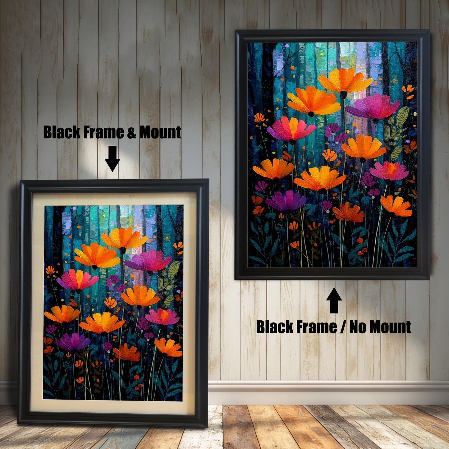 A vibrant, stylized painting of orange and magenta flowers against a dark blue and turquoise forest background, shown in a Black wood frame. The smaller image (left) includes a mount (mat), and the larger image (right) is framed without a mount.