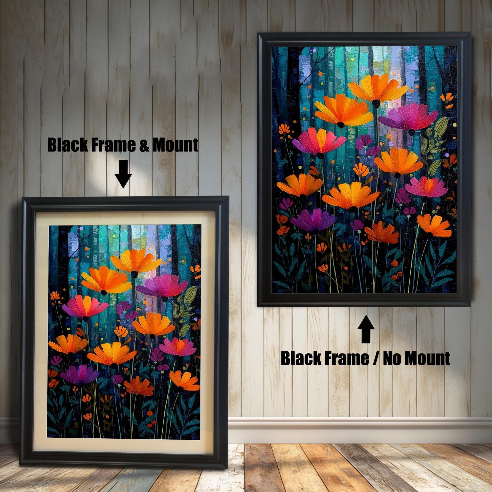 A vibrant, stylized painting of orange and magenta flowers against a dark blue and turquoise forest background, shown in a Black wood frame. The smaller image (left) includes a mount (mat), and the larger image (right) is framed without a mount.