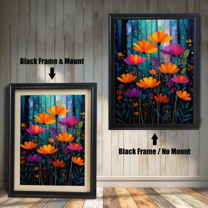 A vibrant, stylized painting of orange and magenta flowers against a dark blue and turquoise forest background, shown in a Black wood frame. The smaller image (left) includes a mount (mat), and the larger image (right) is framed without a mount.