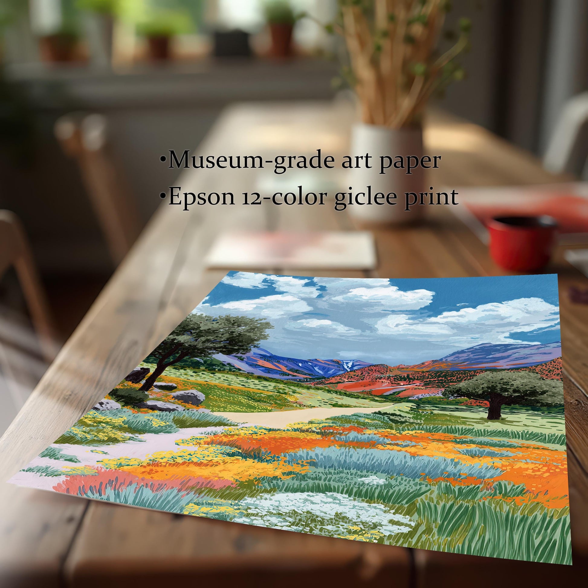 The print of the colorful wildflower valley painting lying on a rustic wooden table. Text lists product quality points: Museum-grade art paper and Epson 12-color giclee print.