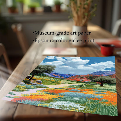 The print of the colorful wildflower valley painting lying on a rustic wooden table. Text lists product quality points: Museum-grade art paper and Epson 12-color giclee print.