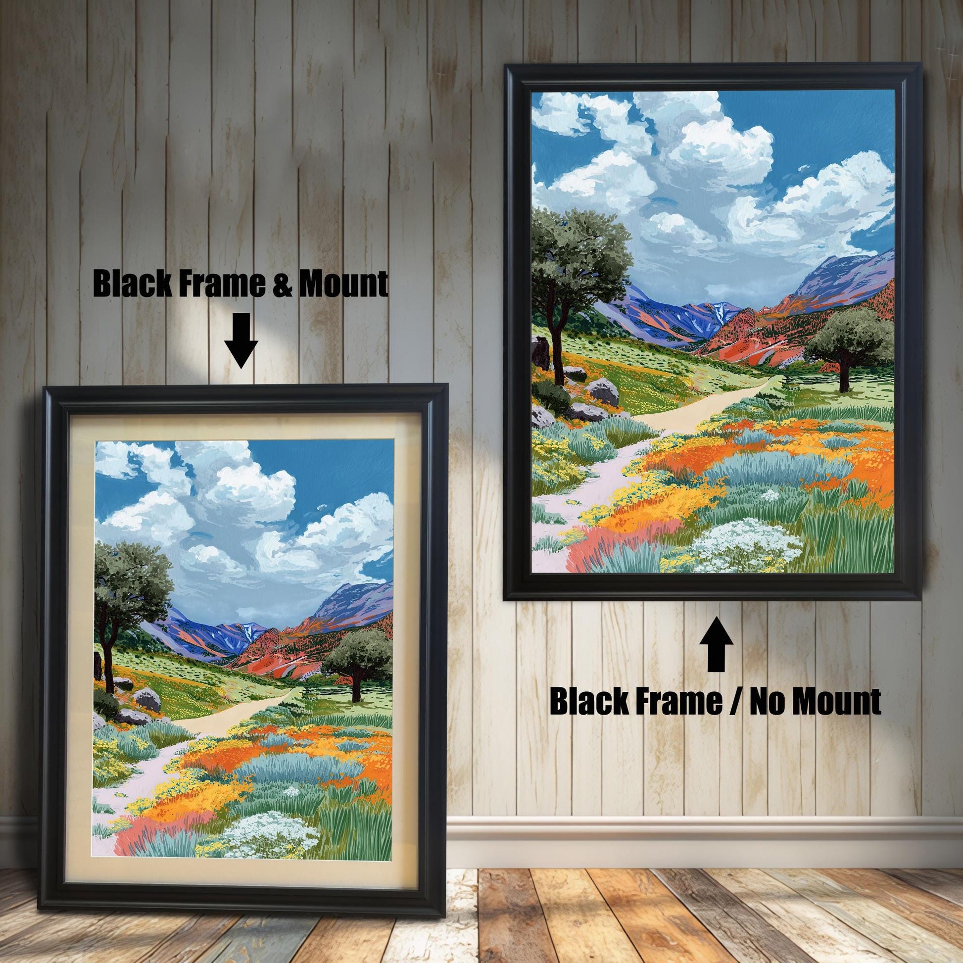 A colorful painting of a path through a valley of orange and yellow wildflowers beneath a bright blue, cloudy sky, shown in a Black wood frame. The smaller image (left) includes a mount (mat), and the larger image (right) is framed without a mount.