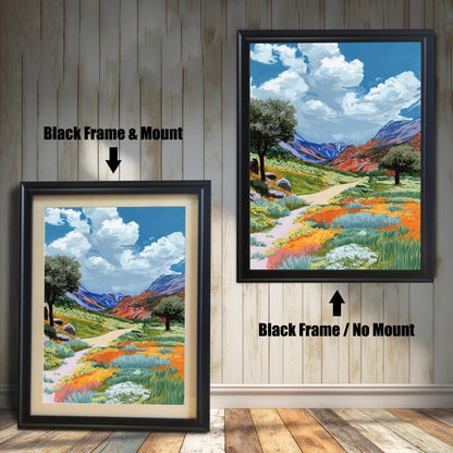 A colorful painting of a path through a valley of orange and yellow wildflowers beneath a bright blue, cloudy sky, shown in a Black wood frame. The smaller image (left) includes a mount (mat), and the larger image (right) is framed without a mount.
