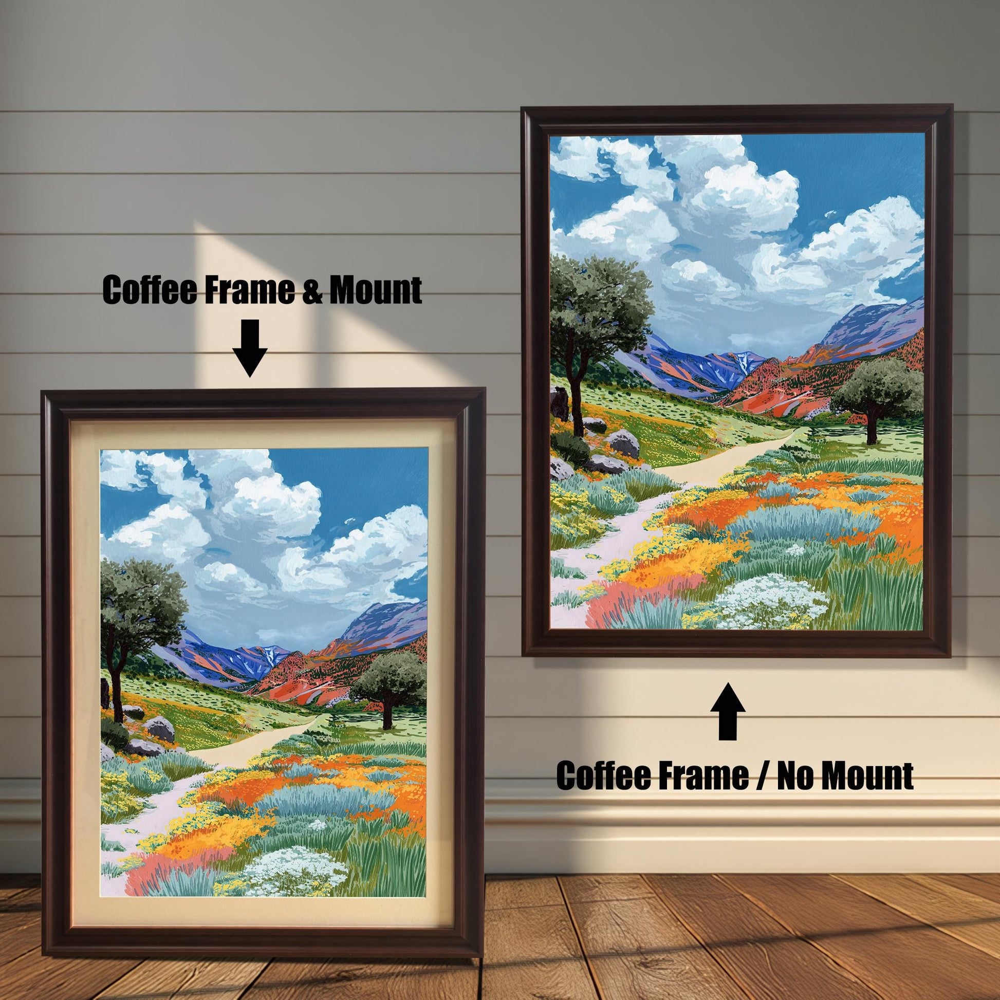 A colorful painting of a path through a valley of orange and yellow wildflowers, shown in a Coffee (dark brown) wood frame. The smaller image (left) includes a mount (mat), and the larger image (right) is framed without a mount.
