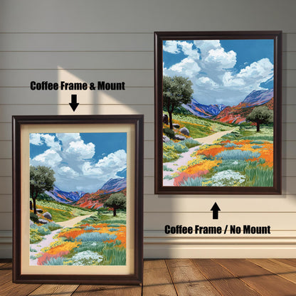 A colorful painting of a path through a valley of orange and yellow wildflowers, shown in a Coffee (dark brown) wood frame. The smaller image (left) includes a mount (mat), and the larger image (right) is framed without a mount.