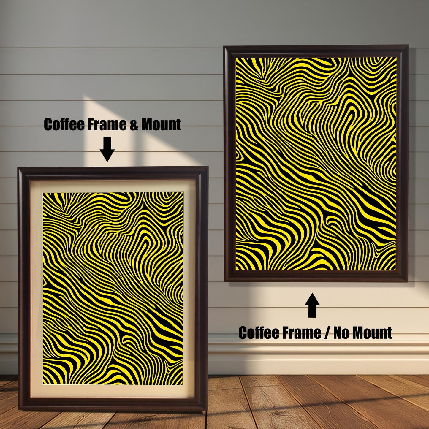 An abstract art print with wavy yellow and black stripes shown in a Coffee (dark brown) wood frame. The smaller image (left) includes a mount (mat), and the larger image (right) is framed without a mount.