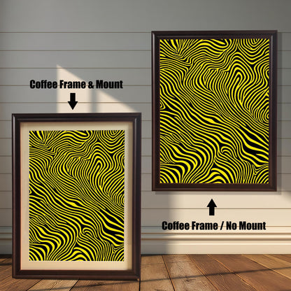 An abstract art print with wavy yellow and black stripes shown in a Coffee (dark brown) wood frame. The smaller image (left) includes a mount (mat), and the larger image (right) is framed without a mount.