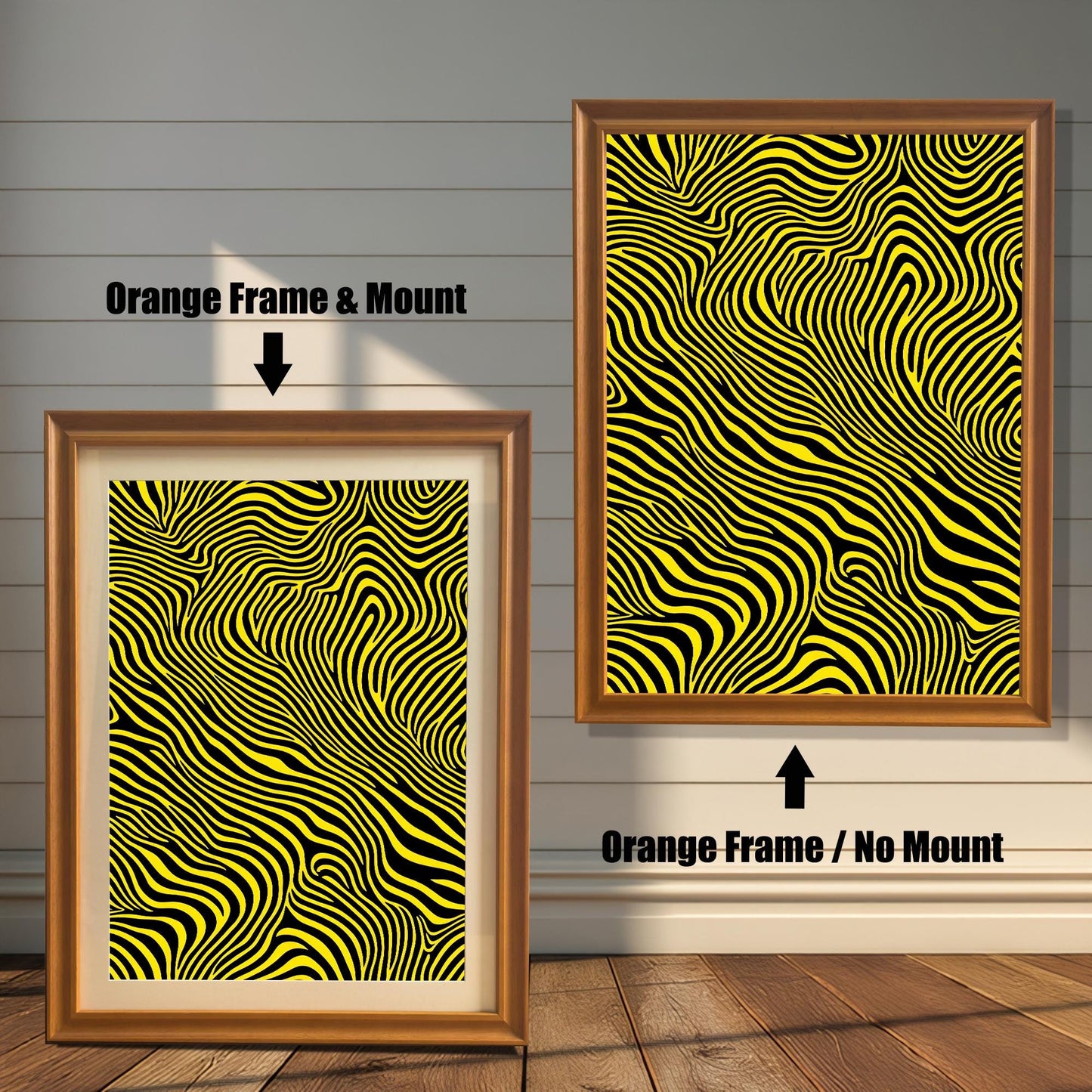 An abstract art print with wavy yellow and black stripes shown in an Orange wood frame. The smaller image (left) includes a mount (mat), and the larger image (right) is framed without a mount.