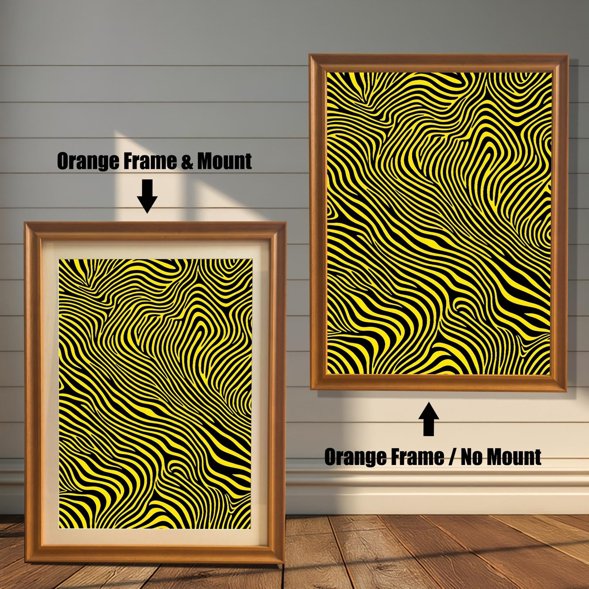 An abstract art print with wavy yellow and black stripes shown in an Orange wood frame. The smaller image (left) includes a mount (mat), and the larger image (right) is framed without a mount.