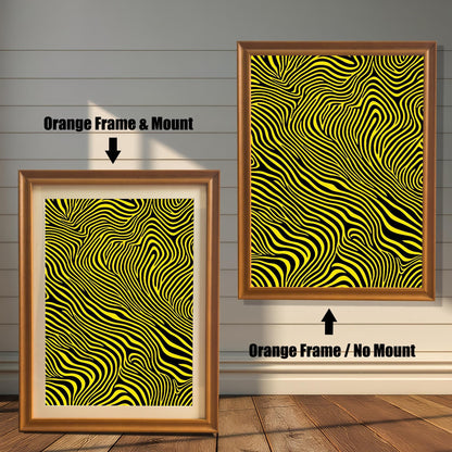 An abstract art print with wavy yellow and black stripes shown in an Orange wood frame. The smaller image (left) includes a mount (mat), and the larger image (right) is framed without a mount.