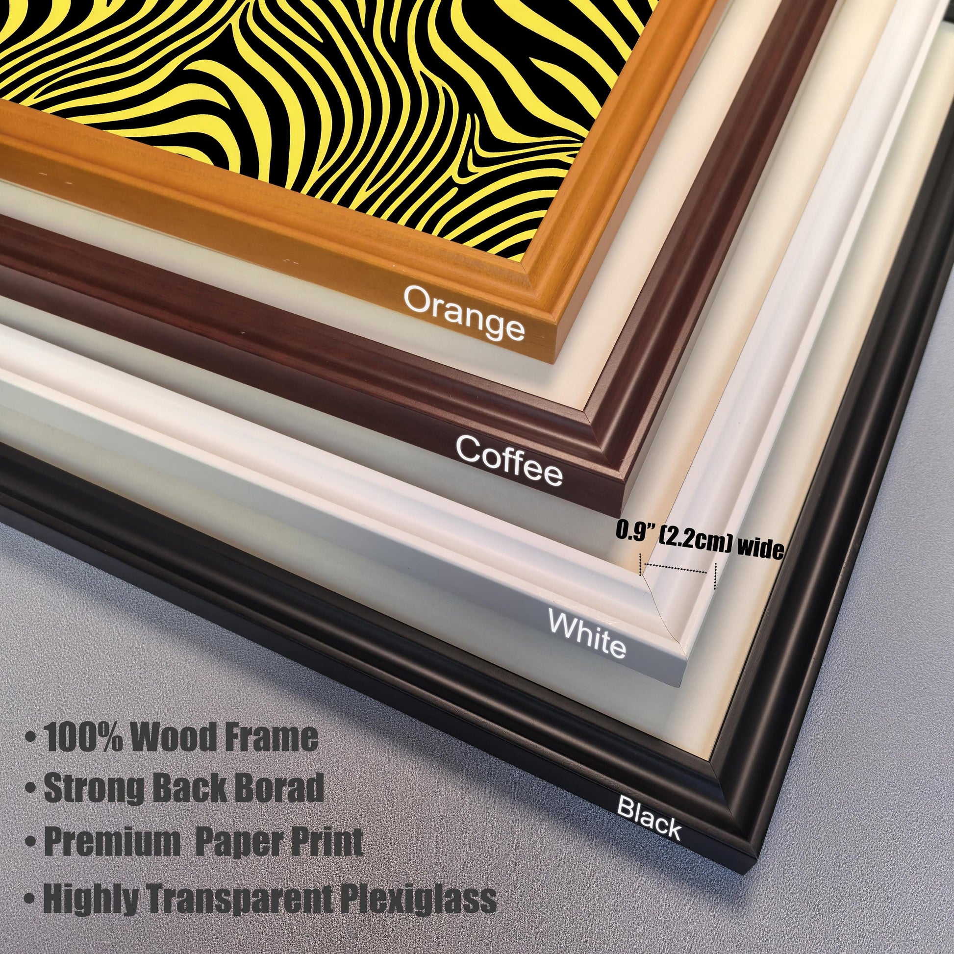A close-up, stacked view of four different frame color corners for the striped print: Orange, Coffee, White, and Black. The frame width is labeled as 0.9′′
  (2.2cm) wide. Text lists frame features: 100% Wood Frame, Strong Back Borad, Premium Paper Print, and Highly Transparent Plexiglass.