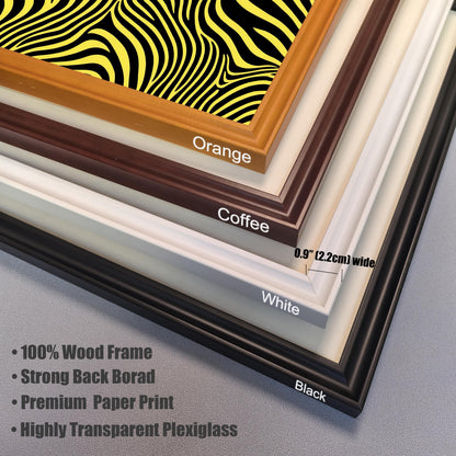 A close-up, stacked view of four different frame color corners for the striped print: Orange, Coffee, White, and Black. The frame width is labeled as 0.9′′
  (2.2cm) wide. Text lists frame features: 100% Wood Frame, Strong Back Borad, Premium Paper Print, and Highly Transparent Plexiglass.