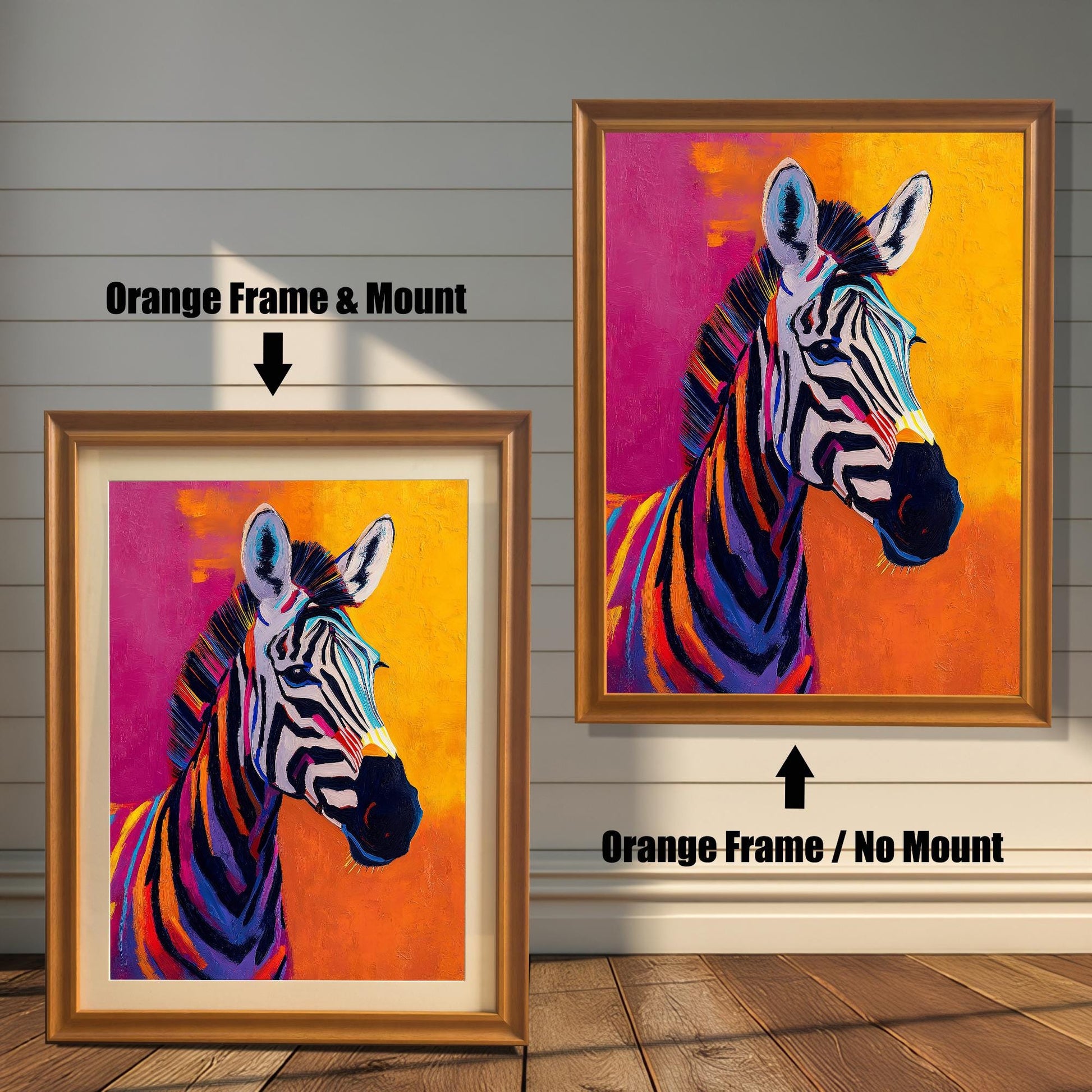 A modern, colorful painting of a zebra with bright magenta and orange background, shown in two variations with an Orange wood frame. The smaller image (left) includes a mount (mat), and the larger image (right) is framed without a mount.