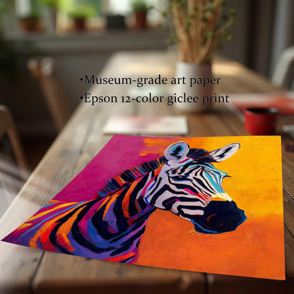 The vibrant, colorful zebra print lying on a rustic wooden table. Text lists product quality points: Museum-grade art paper and Epson 12-color giclee print.