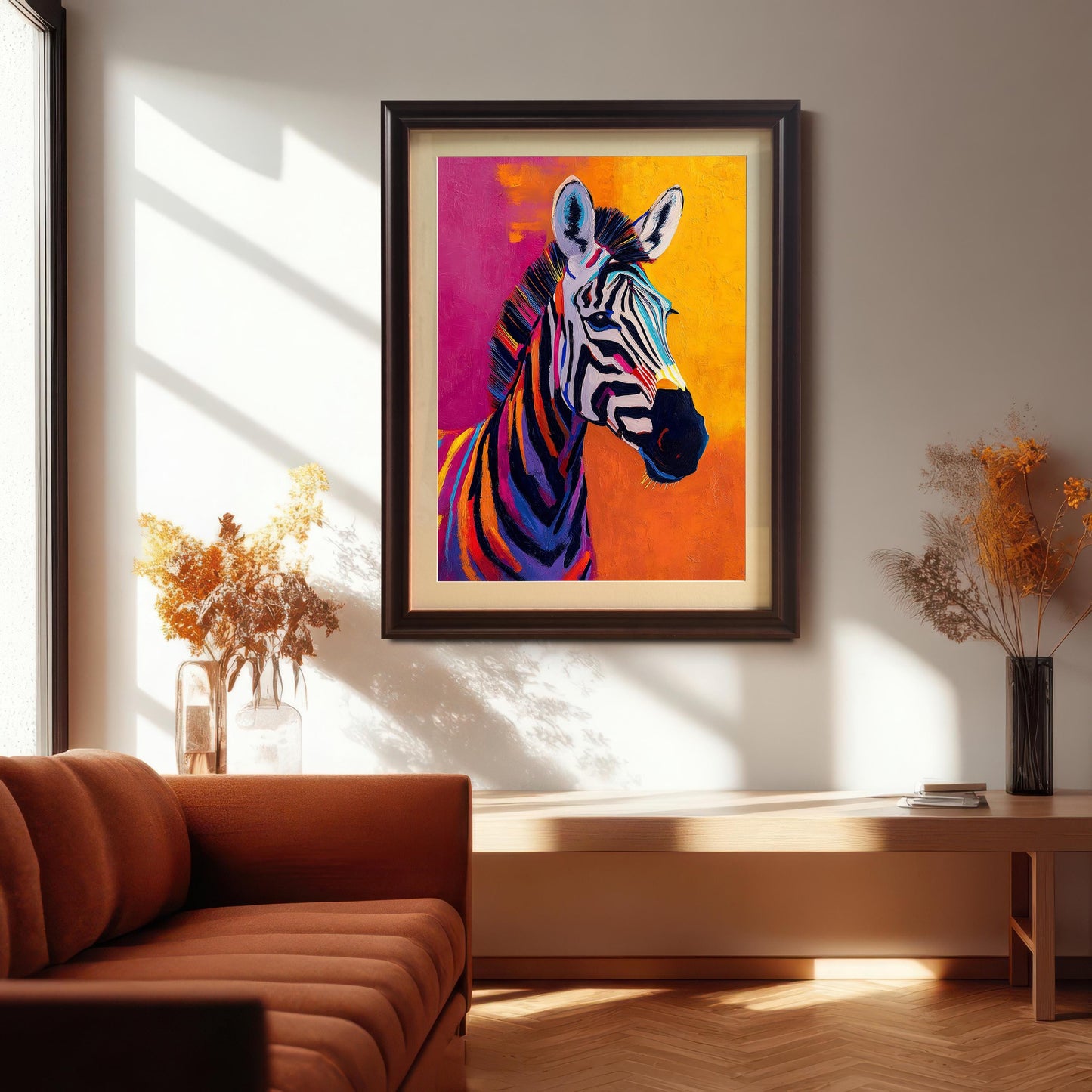 The framed colorful zebra print (black frame, with a mount) hanging on a light-colored wall above a wooden console table with a rust-orange couch in the foreground.