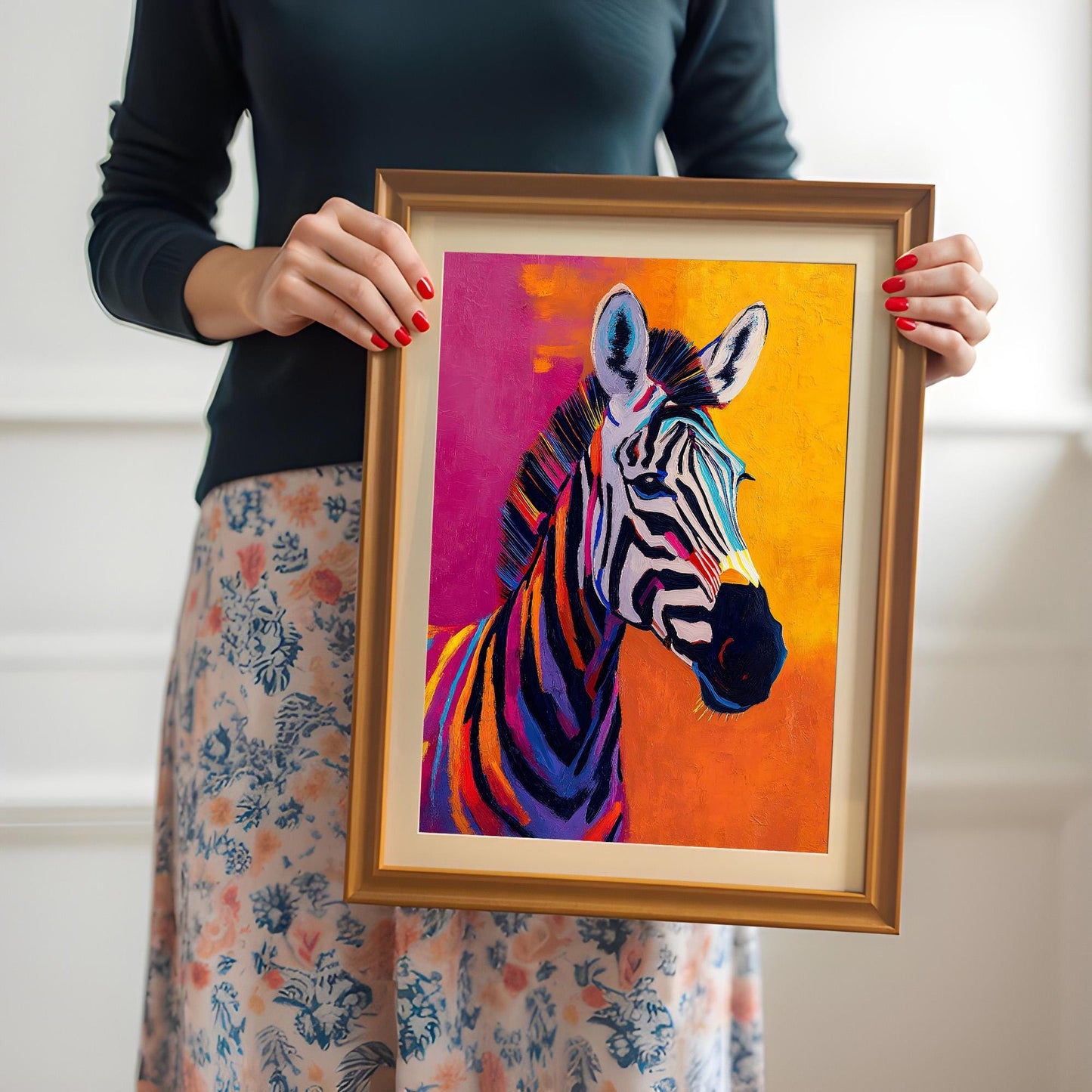 A person holding the framed colorful zebra print (in an orange frame with a mount). The person is wearing a dark top and a floral skirt.