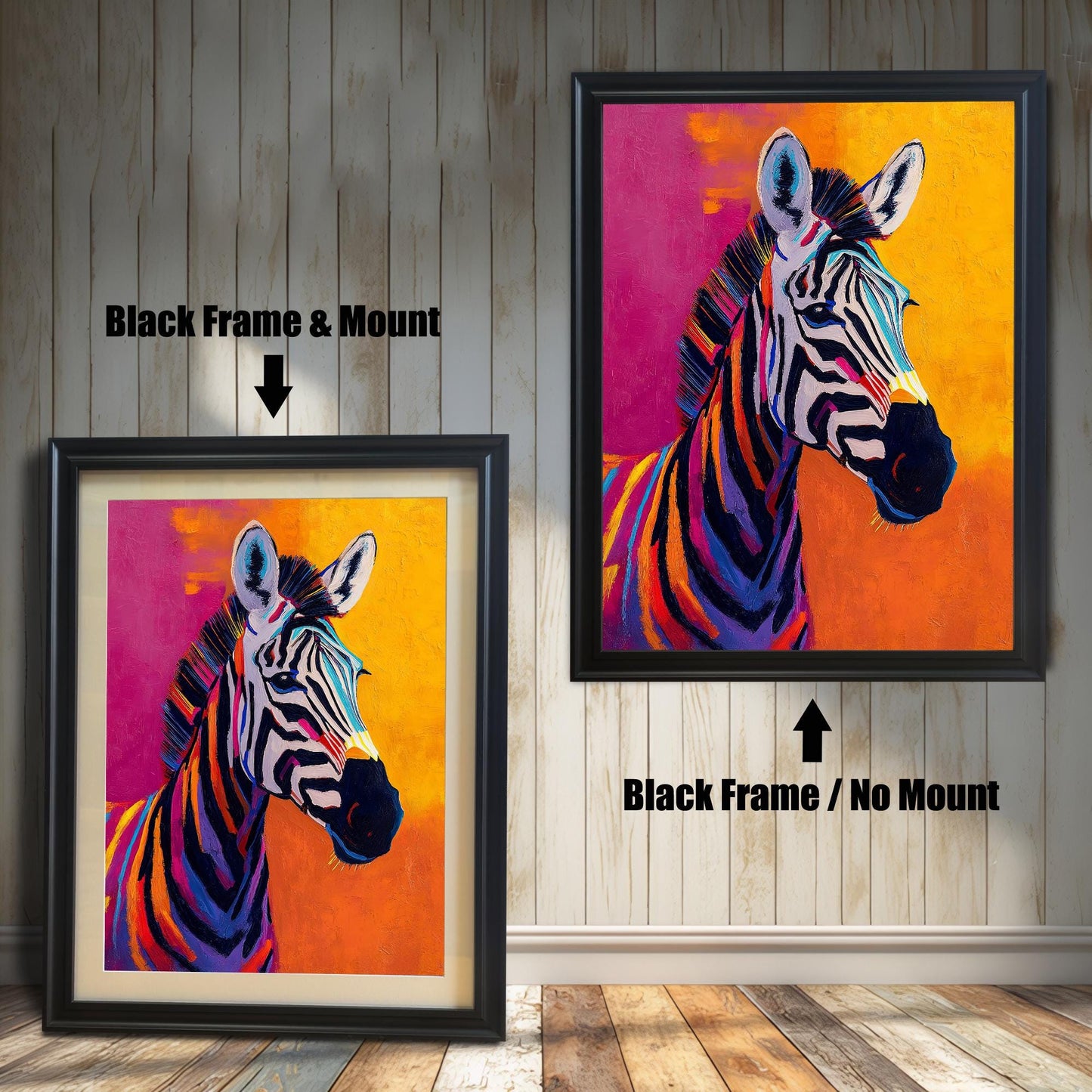 A modern, colorful painting of a zebra with a bright magenta and orange background, shown in two variations with a Black wood frame. The smaller image (left) includes a mount (mat), and the larger image (right) is framed without a mount.