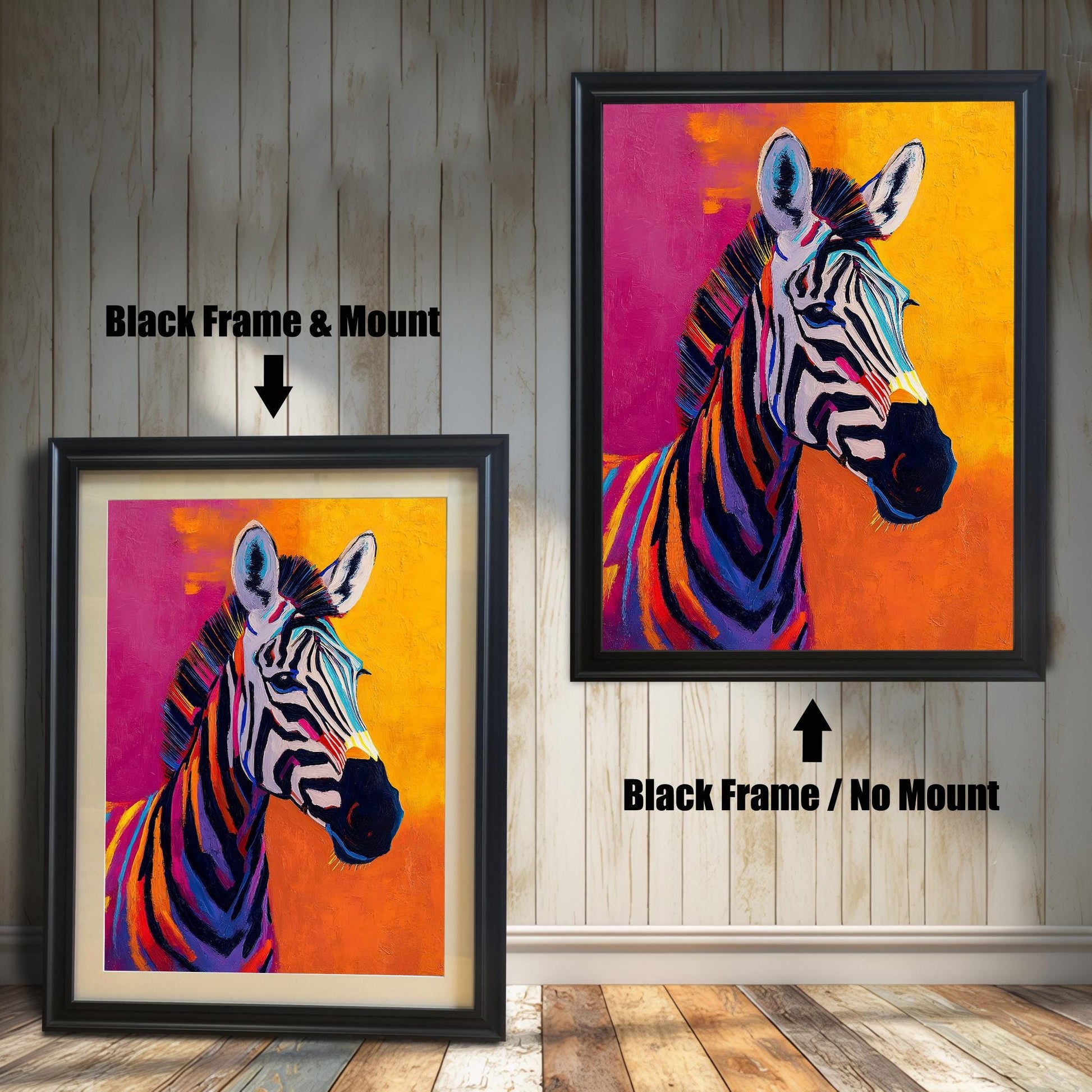 A modern, colorful painting of a zebra with a bright magenta and orange background, shown in two variations with a Black wood frame. The smaller image (left) includes a mount (mat), and the larger image (right) is framed without a mount.