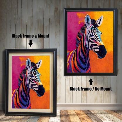 A modern, colorful painting of a zebra with a bright magenta and orange background, shown in two variations with a Black wood frame. The smaller image (left) includes a mount (mat), and the larger image (right) is framed without a mount.