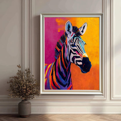 The colorful zebra print framed in a white, decorative (more ornate) frame (no mount), leaning on a light hardwood floor against a decorative white paneled wall. A dried floral arrangement in a vase is placed to the left.