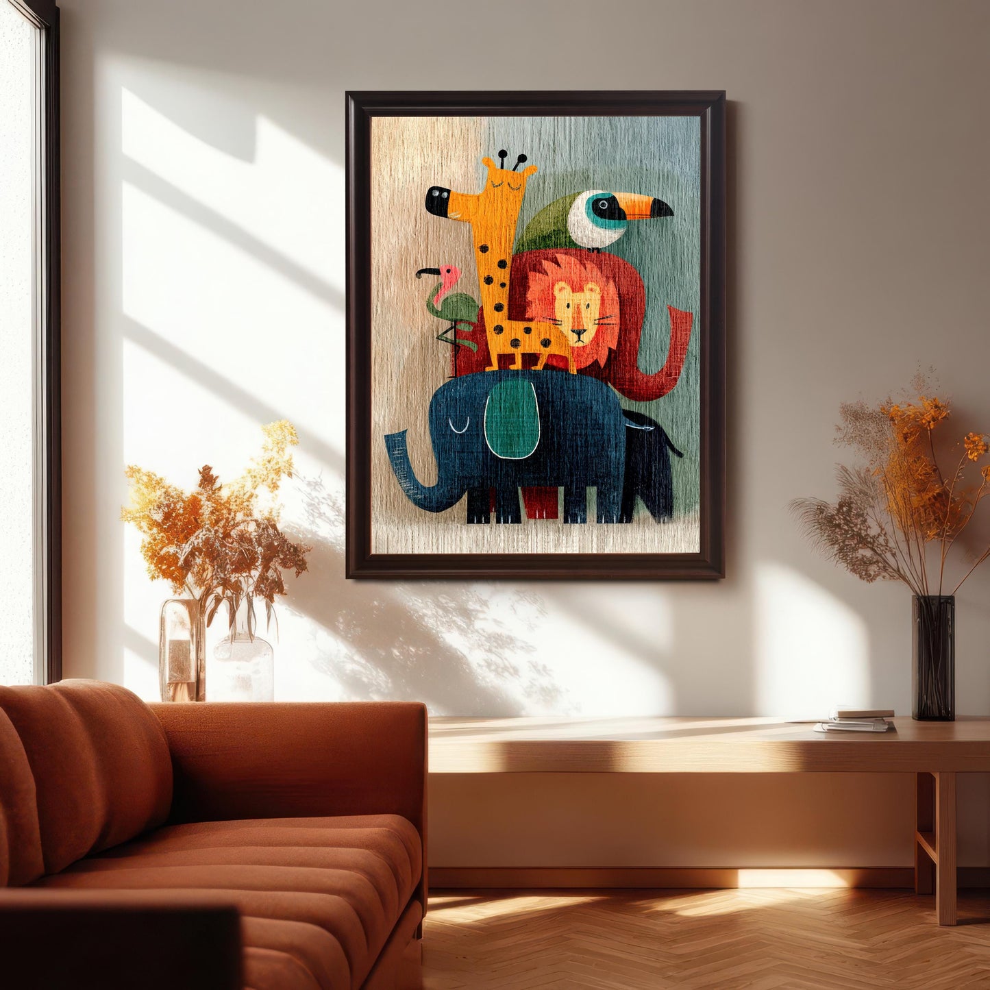A large, dark brown (Coffee) framed art print of stacked cartoon animals (elephant, lion, giraffe, and birds) hanging on a light wall above a simple console table, with an orange couch and vase nearby.