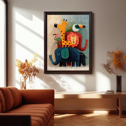 A large, dark brown (Coffee) framed art print of stacked cartoon animals (elephant, lion, giraffe, and birds) hanging on a light wall above a simple console table, with an orange couch and vase nearby.