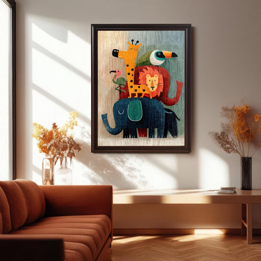 A large, dark brown (Coffee) framed art print of stacked cartoon animals (elephant, lion, giraffe, and birds) hanging on a light wall above a simple console table, with an orange couch and vase nearby.
