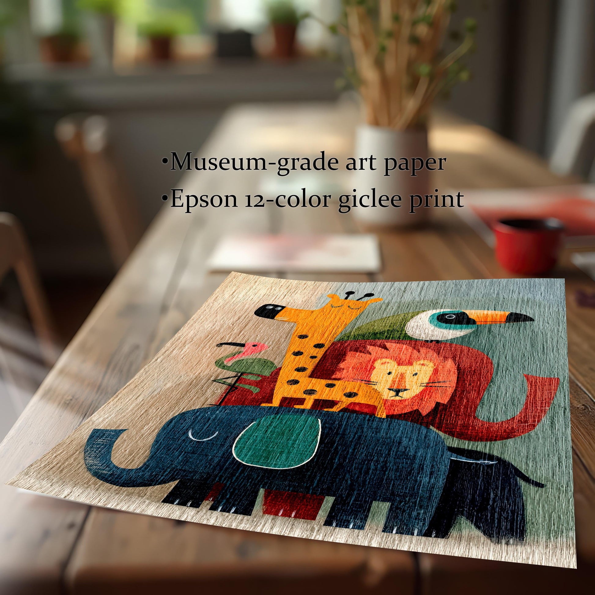 A close-up view of the unframed, stacked cartoon animal art print lying on a wooden table, emphasizing the print's texture. Text describes it as Museum-grade art paper and an Epson 12-color giclee print.