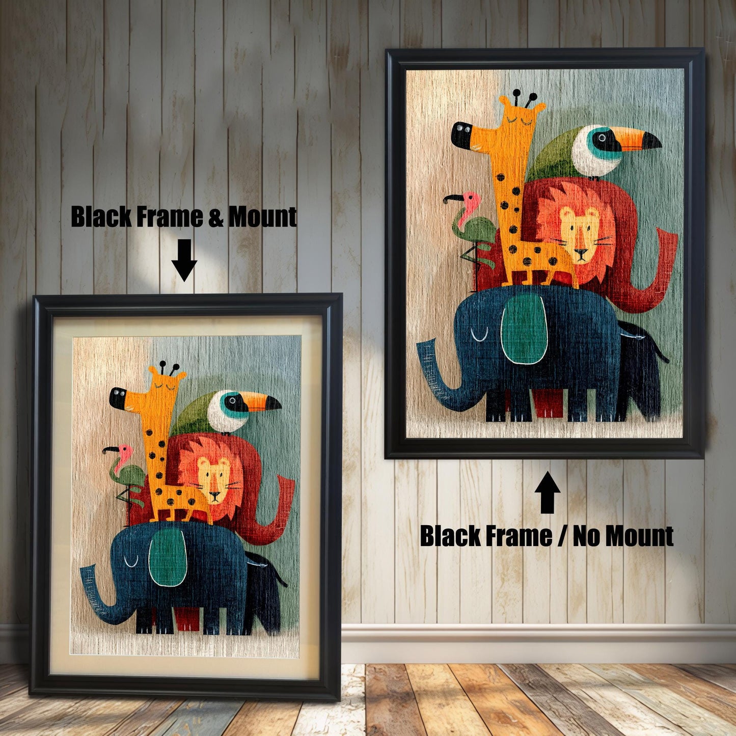 Two black-framed art prints of the stacked cartoon animals. The image on the left shows the art with a mount. The image on the right shows the art in a black frame with no mount. Text indicates the difference.