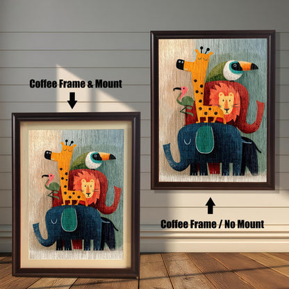 Two coffee (dark brown) framed art prints of the stacked cartoon animals. The image on the left shows the art with a mount. The image on the right shows the art in a coffee frame with no mount. Text indicates the difference.