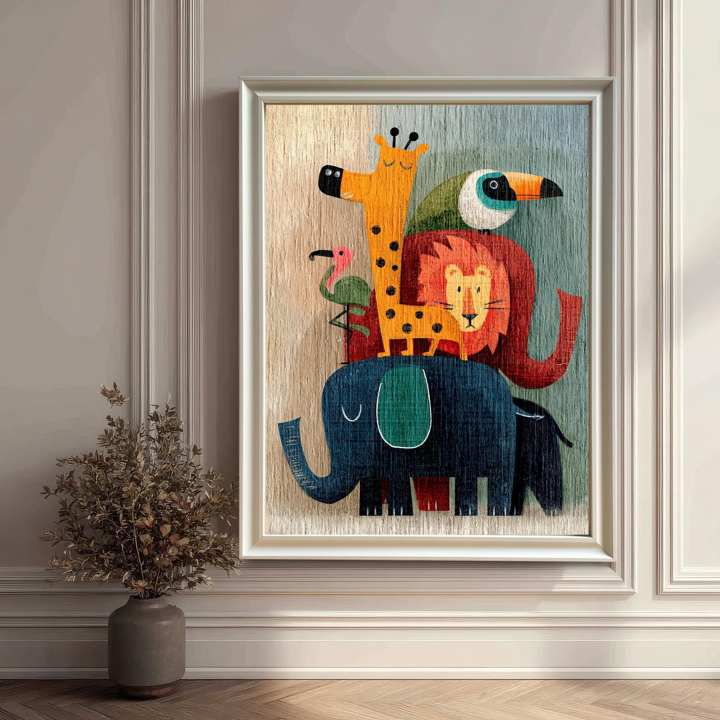 A large, white-framed print of stacked cartoon animals (elephant, lion, giraffe, and birds) hanging on a white wainscoting wall next to a large vase with dried botanicals.
