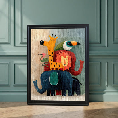 A large, black-framed print of stacked cartoon animals (elephant, lion, giraffe, and birds) leaning on a light hardwood floor against a teal wainscoting wall.