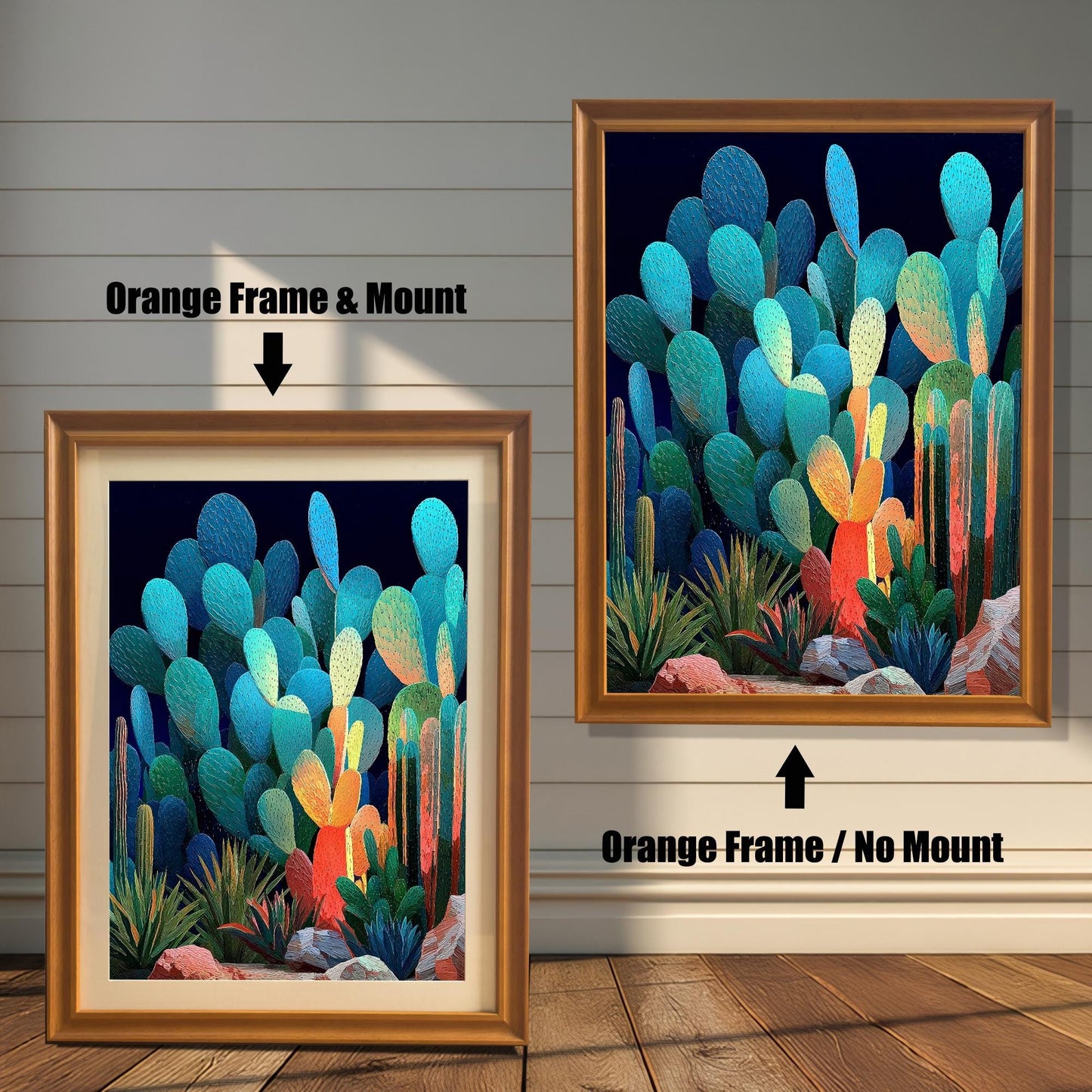 Two orange-framed art prints of the abstract cacti. The image on the left shows the art with a mount (matting). The image on the right shows the art in an orange frame with no mount. Text indicates the difference.